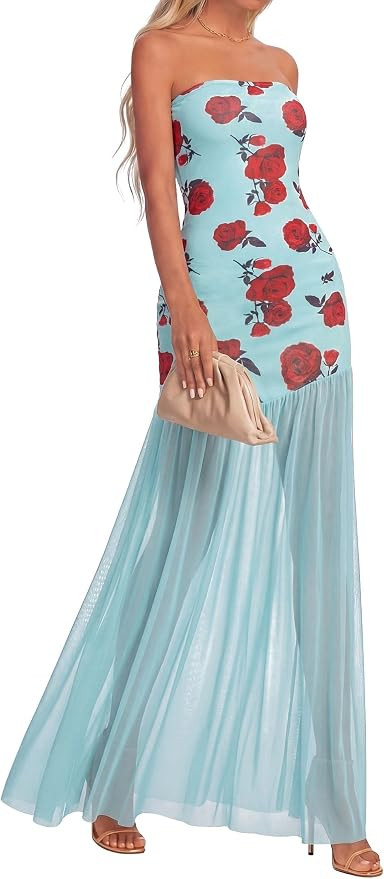 KIRUNDO Wedding Guest Dresses for Women 2026 Summer Strapless Bodycon Floral Maxi Mesh Tulle Hem ... | Amazon (US)