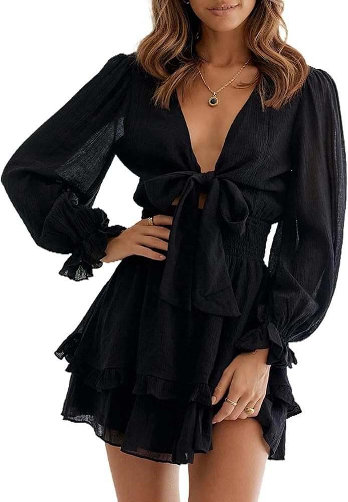 AlvaQ Womens Spring Summer Knot Front V Neck Ruffles Long Sleeve Floral Print Swing Mini Dress | Amazon (US)