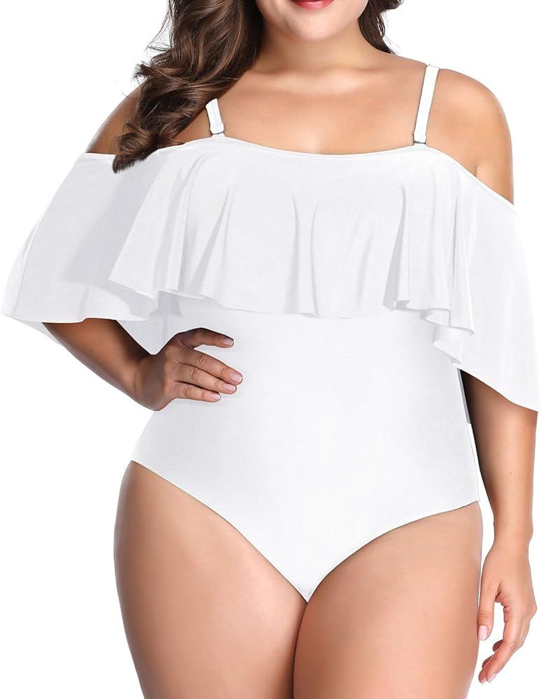 Daci Women Off Shoulder Plus Size One Piece Swimsuits Tummy Control Bathing Suits Ruffle Swimwear | Amazon (US)
