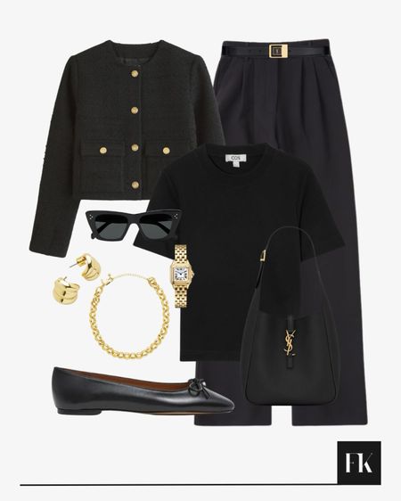 All black look, tailored trousers, collarless tweed jacket, ballet pumps, gold jewellery, YSL Saint Laurent bag

#LTKstyletip #LTKSeasonal #LTKitbag