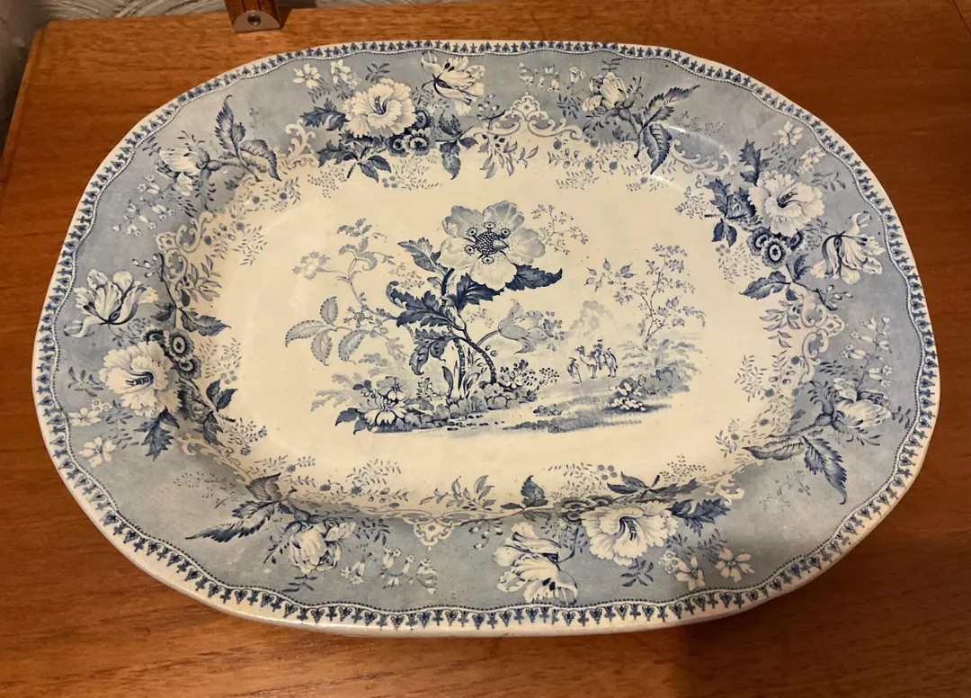 Antique Elkin & Newbon Blue and White Pearlware Botanical Beauties Large Meat Platter.  38cms | Etsy (US)