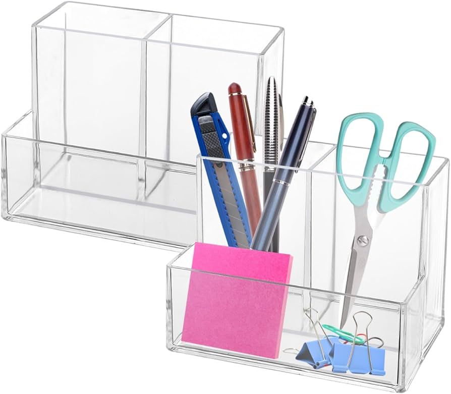 Zbtezna Pen Holder, 2 Pack Clear Acrylic Makeup Brush Holder, Pencil Holder for Desk with Sticky ... | Amazon (US)