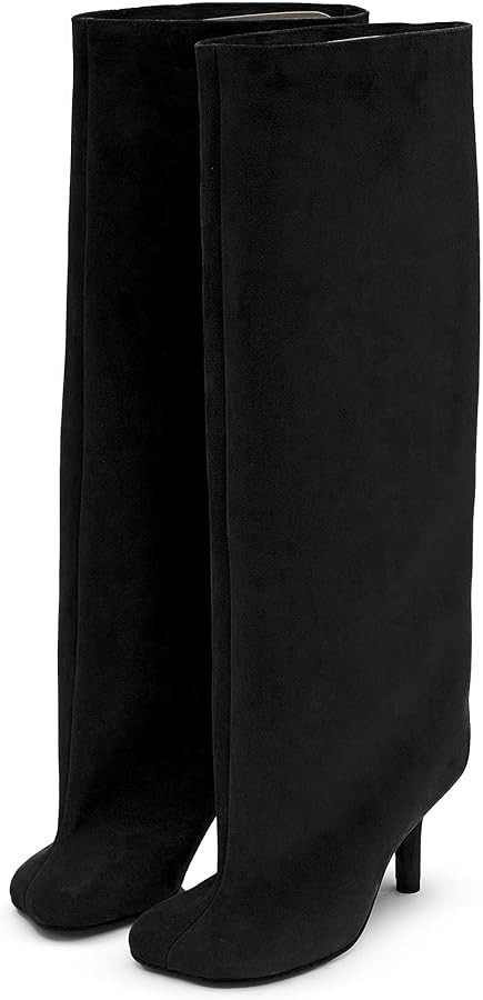 Knee High Boots for Women Faux Suede Wide Calf Square Toe Tall Stiletto Kitten High Heels Thigh L... | Amazon (US)