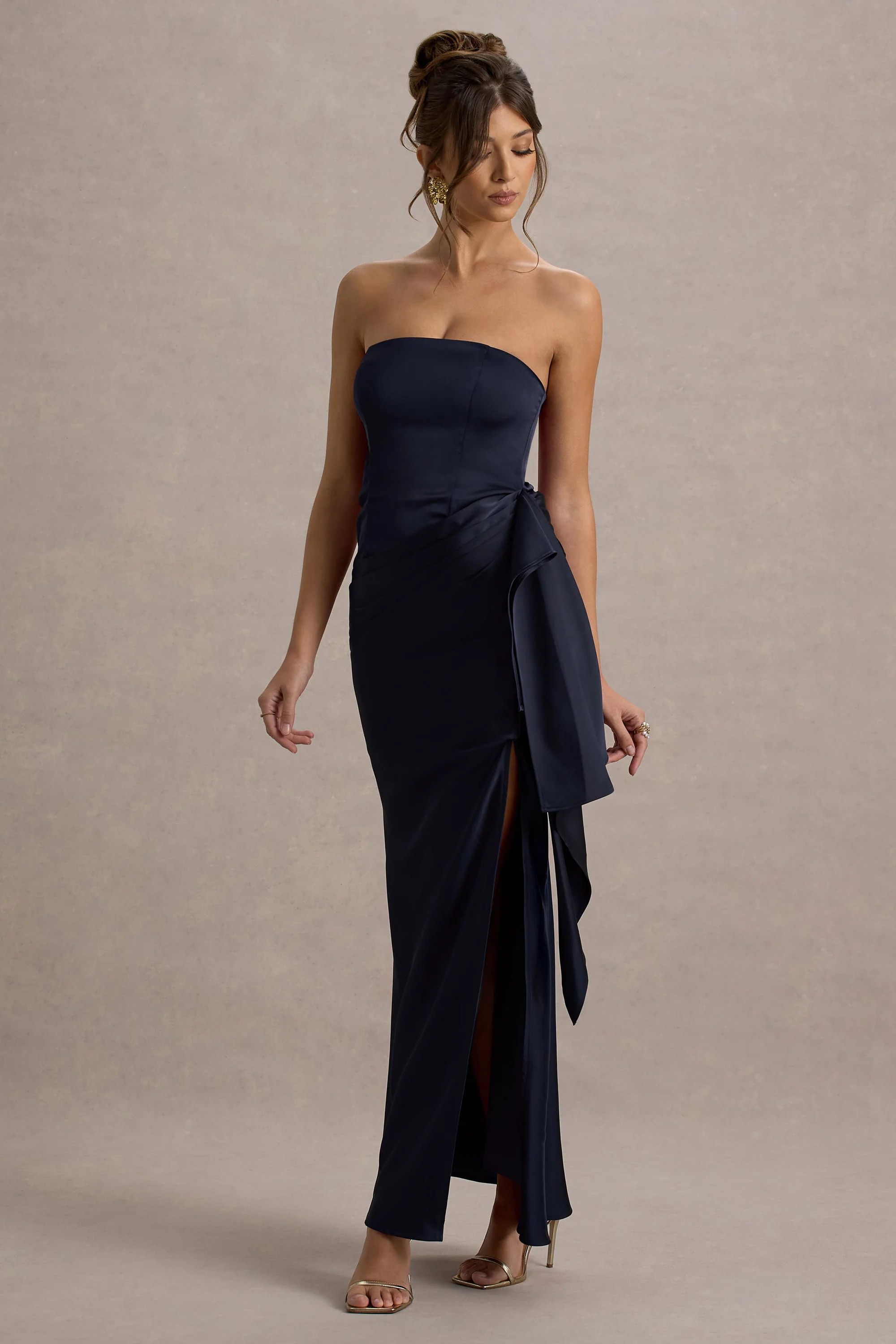 Loz  Navy Satin Bandeau Draped Maxi Dress | Club L London