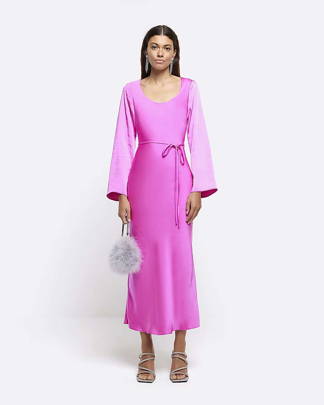 Pink satin belted slip midi dress | River Island (UK & IE)