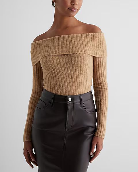 Ribbed Fitted Off The Shoulder Overlay Sweater | Express
