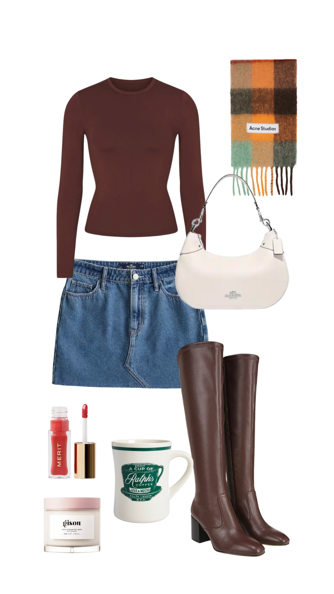 Fall transition outfit, fall outfit, brown neutral outfit, chunky scarf, brown knee high leather boots, denim mini skirt, skims dupe, Gilmore girls fashion, Rory Gilmore outfit inspo, cafe outfit aesthetic, city outfit, fall weather outfit, coach white purse, date night outfit

#LTKSeasonal #LTKfindsunder100 #LTKfindsunder50