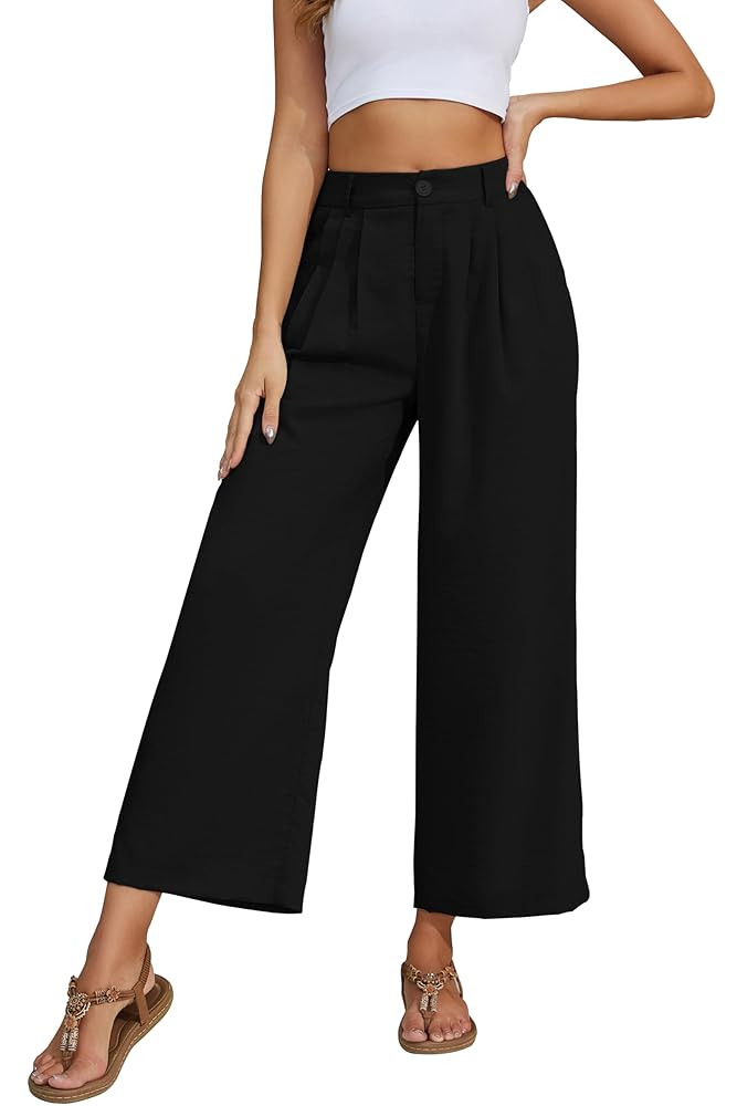 2025 Summer for Women Elastic Waist Wide Leg Cropped Pants Trousers Loose Fit with Pockets | Amazon (US)