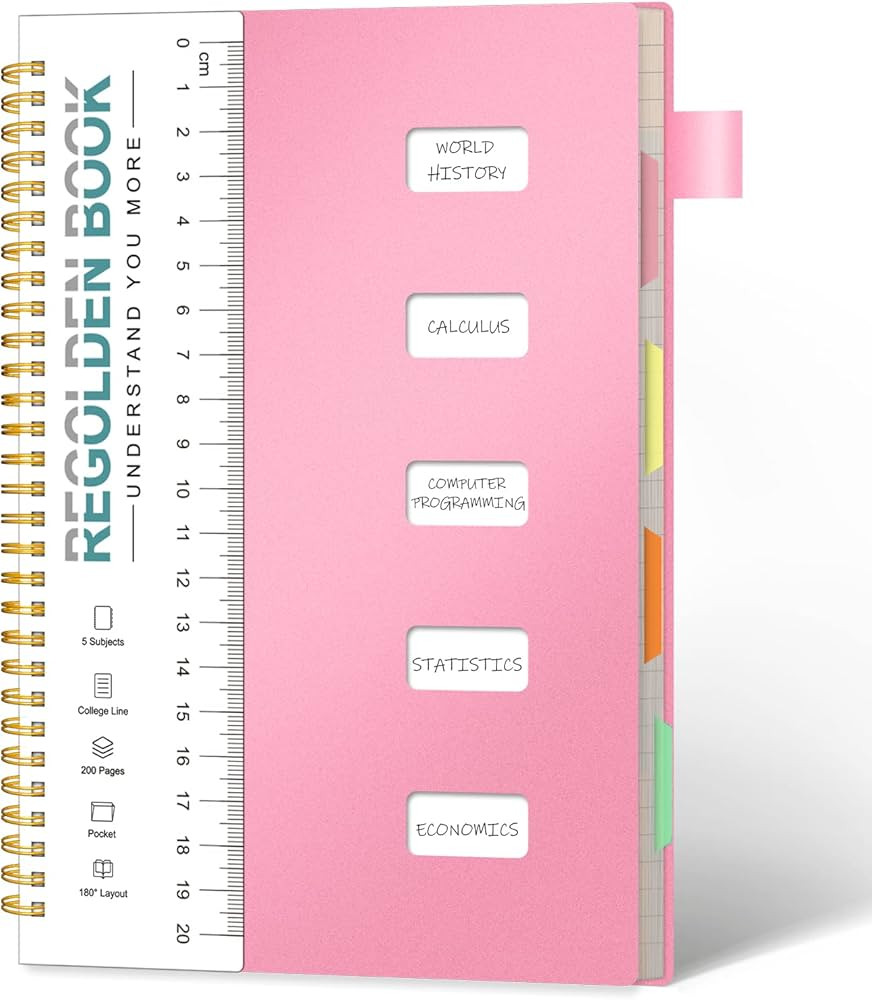 Regolden-Book Spiral Notebook College Ruled, 5 Subject Notebook with Pocket Dividers Ruler for Sc... | Amazon (US)