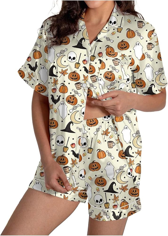 Halloween Pajamas Women 2Pc Sets Ghost Graphic Silk Satin Cute Sleepwear Button Down Short Sleeve... | Amazon (US)