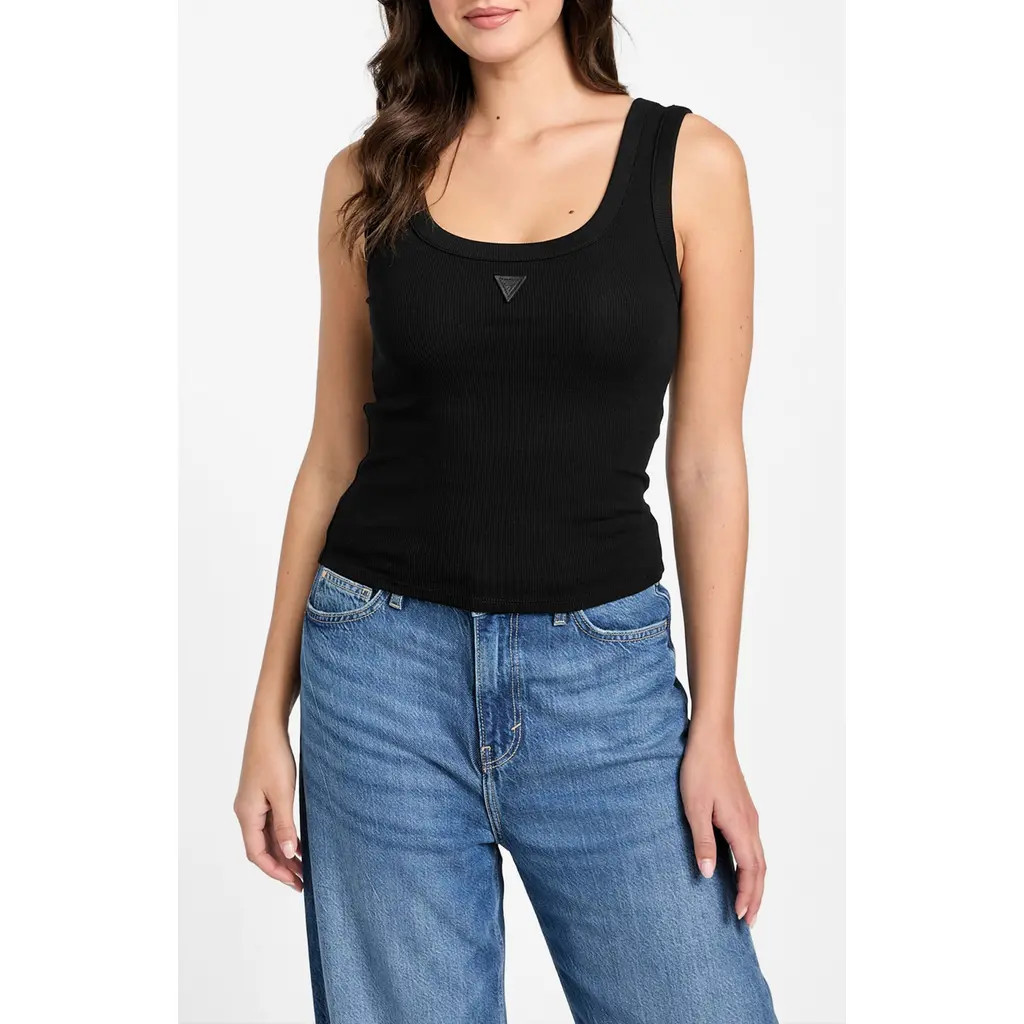 GUESS Triangle Logo Patch Rib Tank in Black at Nordstrom, Size Small | Nordstrom