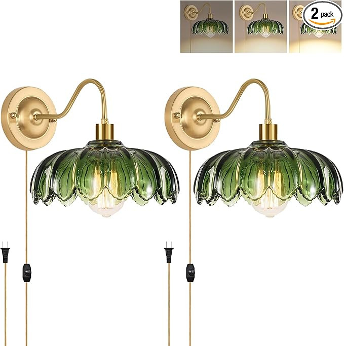 ZECOXOL Vintage Plug in Wall Sconces Set of Two,Dimmable Wall Sconces Lamp with Plug in Cord & Fl... | Amazon (US)