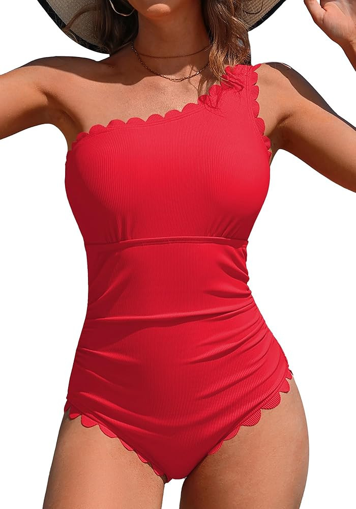 Charmo One Shoulder One Piece Swimsuit Women Ribbed Scalloped Bathing Suit Cutout Slimming Full C... | Amazon (US)