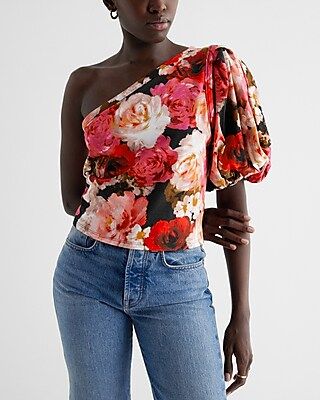 Floral Skimming One Shoulder Puff Sleeve Tee | Express