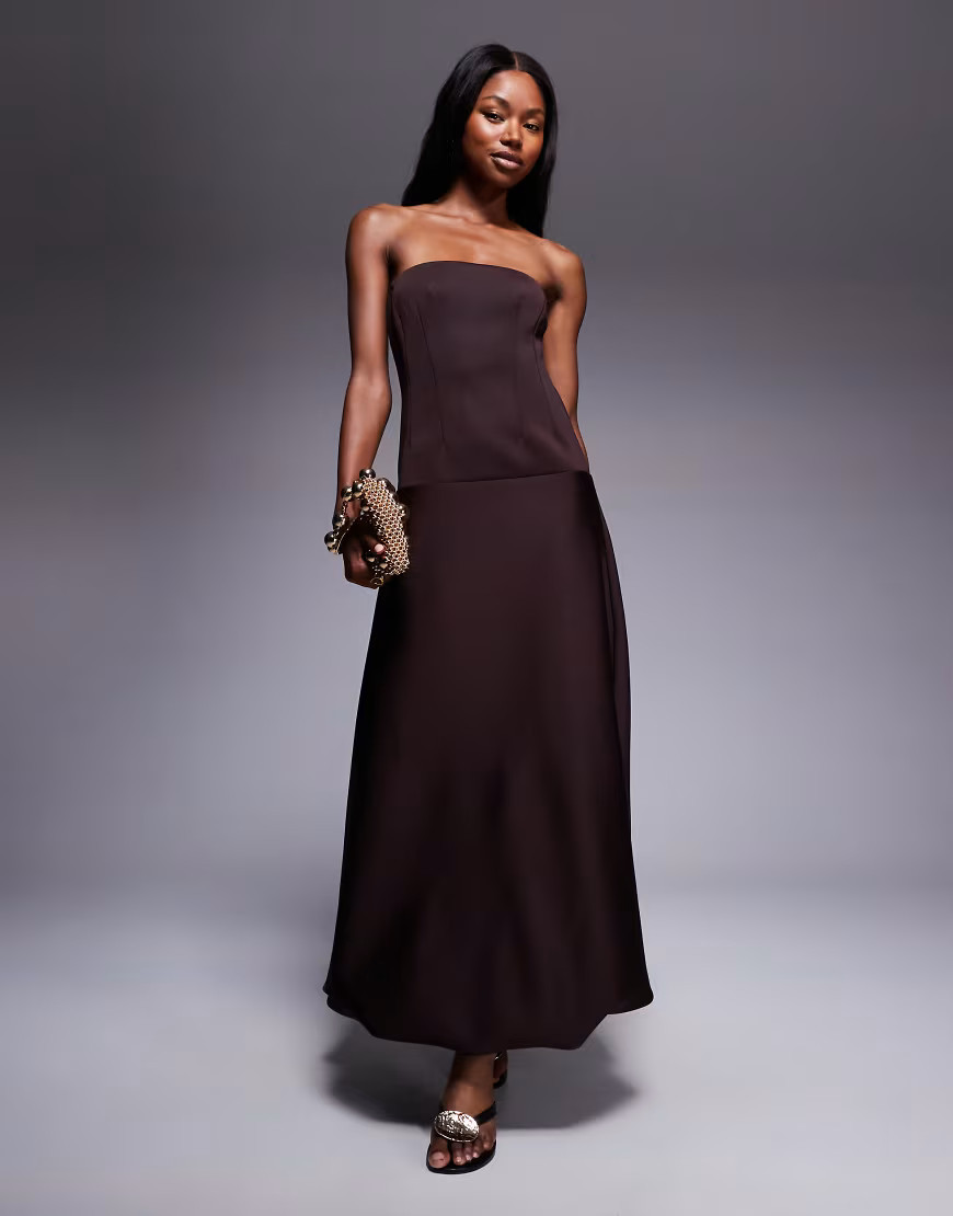 ASOS DESIGN dropped waist puffball maxi dress in chocolate-Brown | ASOS (Global)