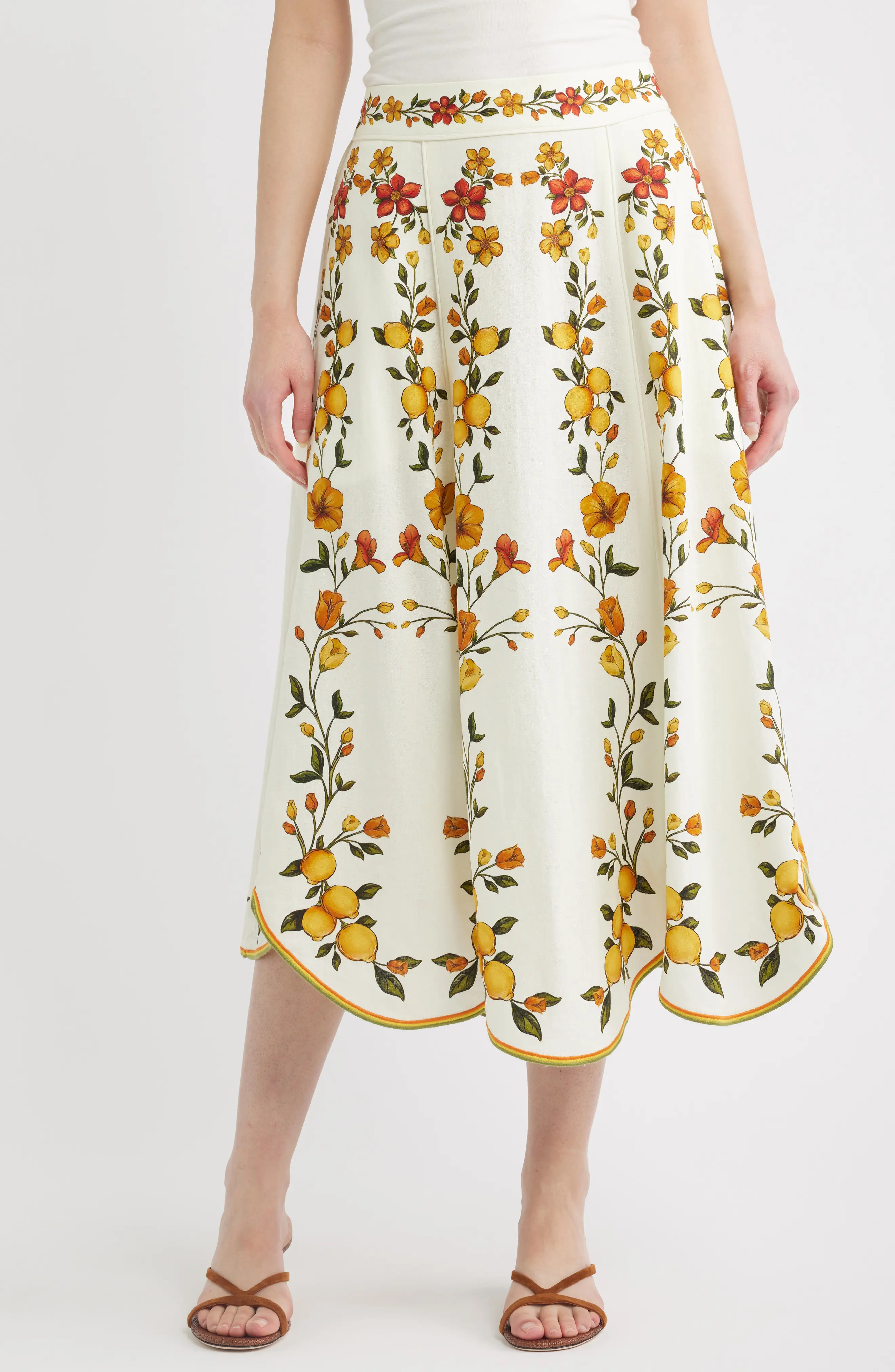 FARM Rio Lemon Bouquet Floral Linen Blend Midi Skirt in Lemon Bouquet Off-White at Nordstrom, Size X-Small | Nordstrom