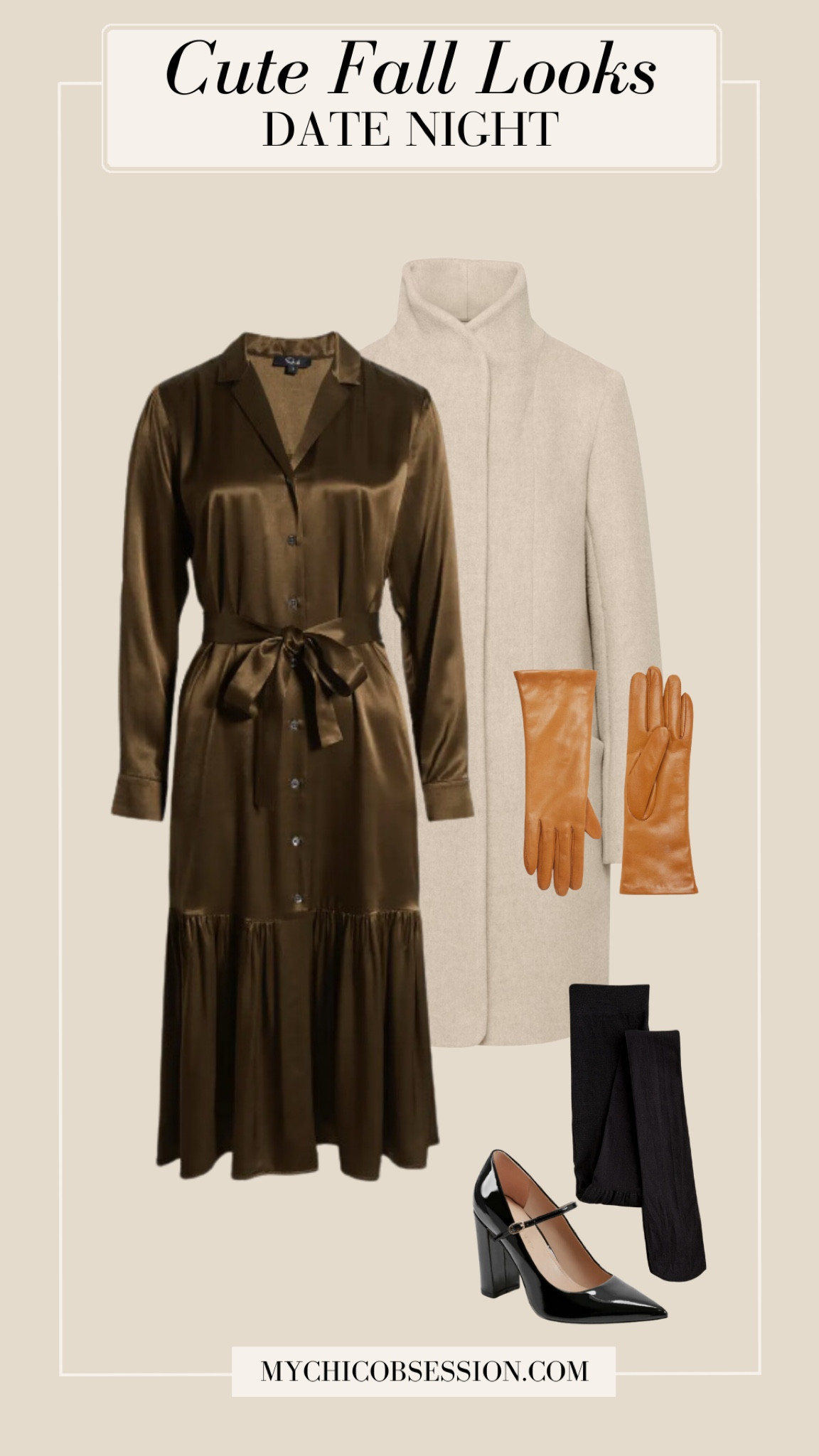 Dress up for date night with a satin midi shirtdress, structured coat, and leather gloves. Heels and tights complete the fall outfit.

#LTKStyleTip #LTKSeasonal
