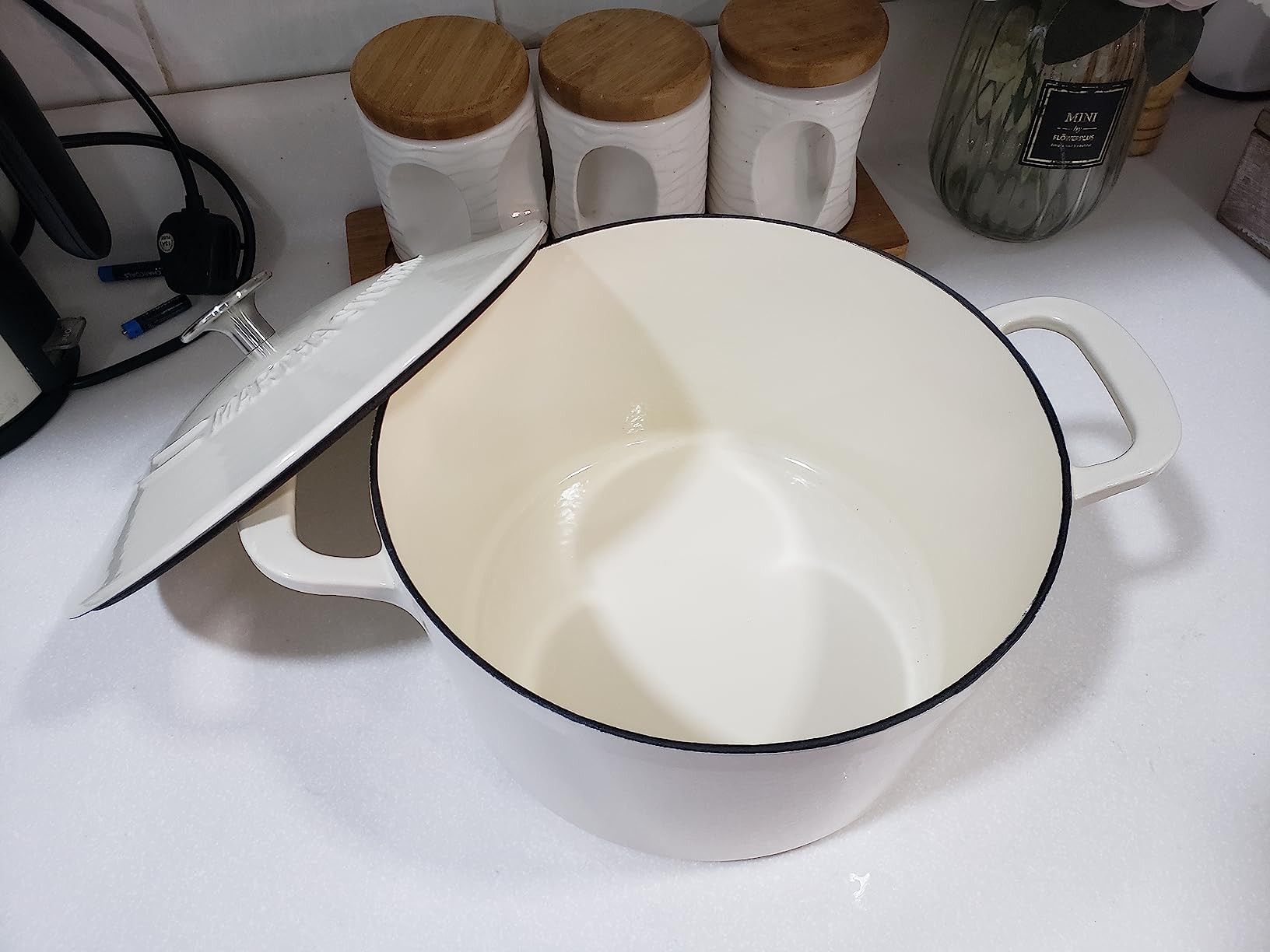 MARTHA STEWART Gatwick 7 QT Enamel Cast Iron Dutch Oven, Linen w/Gold Knob | Amazon (US)