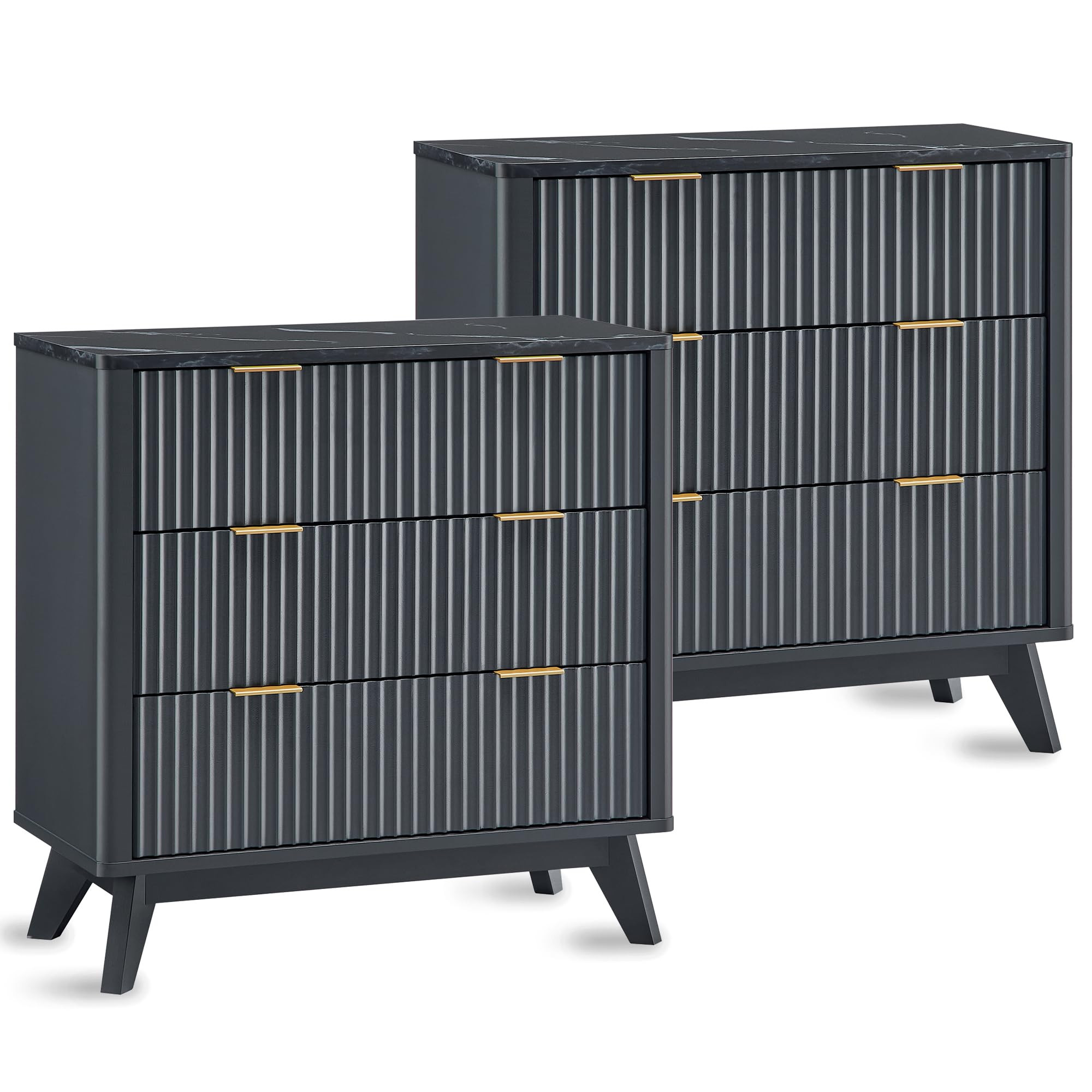 T4TREAM 32" Tall Fluted Nightstand Set of 2, Modern Side Table with Faux Marble Top, 3 Drawers En... | Amazon (US)