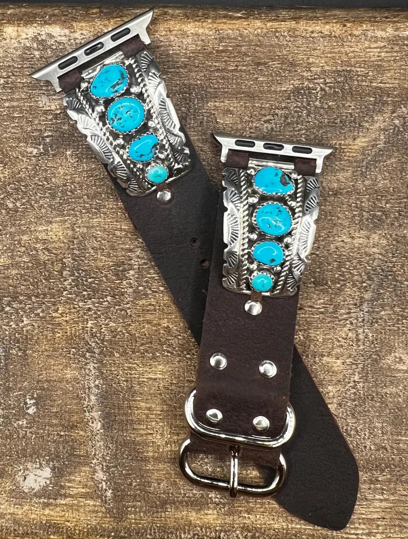 Custom Brown Leather Apple Watch Band Southwestern Style Vintage Sterling Silver Turquoise Native... | Etsy (US)