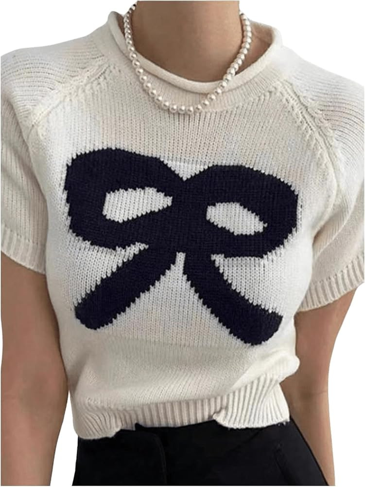 Verdusa Women's Ralgan Short Sleeve Round Neck Knitted Crop Top Pullovers Sweater | Amazon (US)