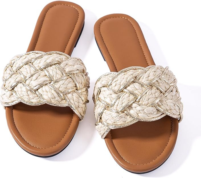 Mtzyoa Women Flat Sandals Braided Leather Nude Summer Dressy Fashion Evening Party Wedding Sandal... | Amazon (US)