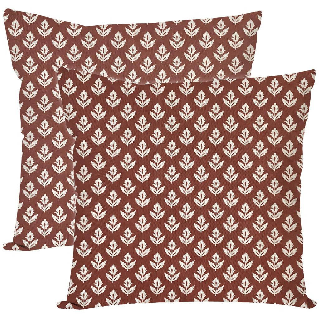 PANDICORN Block Print Throw Pillow Covers 18x18 Inch Set of 2 Cocoa Brown Vintage Floral Boho Cottage Outdoor Fall Winter Decorations Decorative Throw Pillows Cases for Home Living Room Couch Decor | Amazon (US)