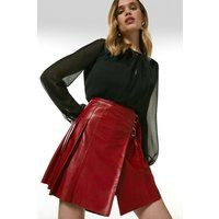 Karen Millen Leather Pleated Buckle Kilt Skirt -, Red | Karen Millen UK & IE