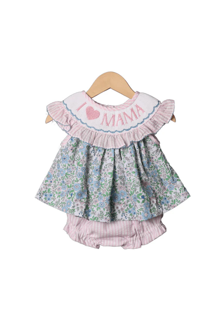 Smocked I Love Mama Pink Floral Bloomer Set | The Smocked Flamingo