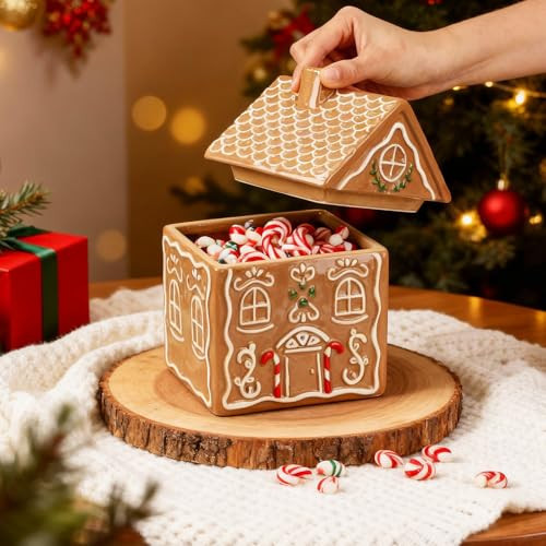 Jetec Ceramic Christmas Gingerbread House Candy Jar with Lid Christmas Cookie Jar Decorative Xmas Holiday Storage Container for Treats Tea Sugar New Year Gift Festive Kitchen Counter Decor | Amazon (US)