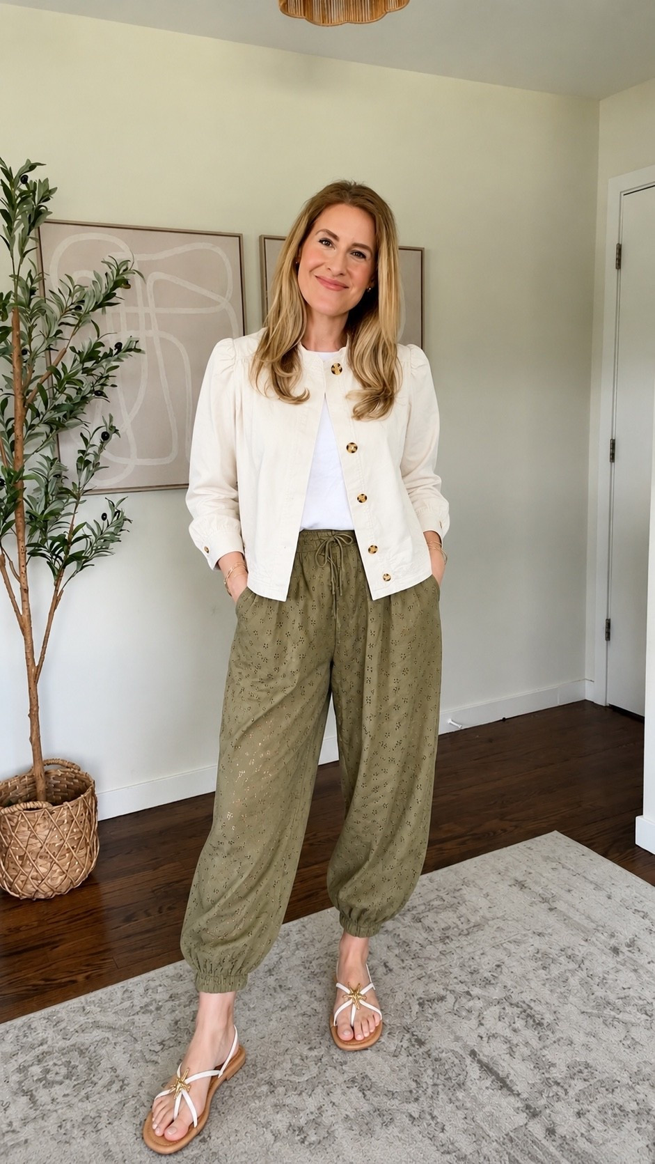 Quick disclaimer! This is an AI-generated try-on, not a real photo. We’re on vacation, and harem pants can go really right… or really wrong 😂 so I wanted a way to visualize the full outfit before I got home. What do you think?! Pants come in three colors. I have the jacket in denim blue and it fits true to size, I got the small (the medium was too big). I also own this T-shirt, it’s just like J.Crew, runs small/fitted, I went up one size to a medium. #walmartfashion
