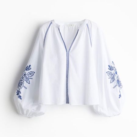 Blue and white embroidered balloon sleeve blouse 

#LTKstyletip #LTKSeasonal #LTKfindsunder50
