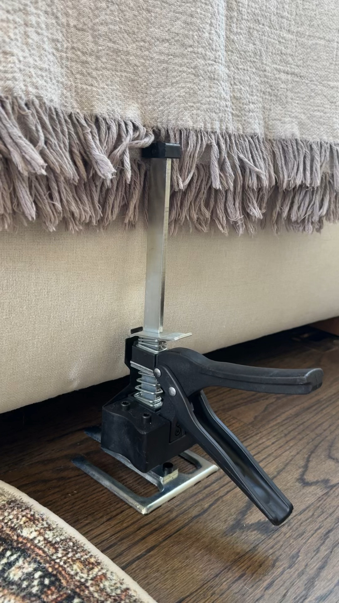 One of the most useful tools to have in your home: these furniture jacks are so simple to use and truly help you to lift furniture a few inches off the floor so you can roll a rug underneath. I use them all of the time to place rugs under beds, dressers, sofas etc all by myself!