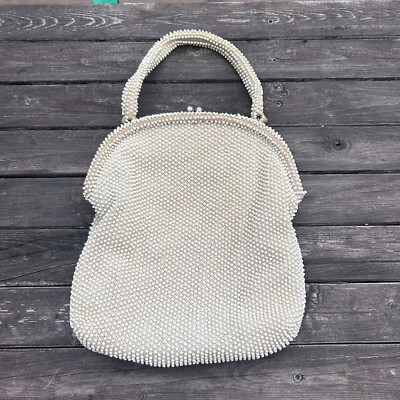 LARGE Vintage Corde Bead Lumured Purse Beaded Handbag Cream Ivory Evening  | eBay | eBay US