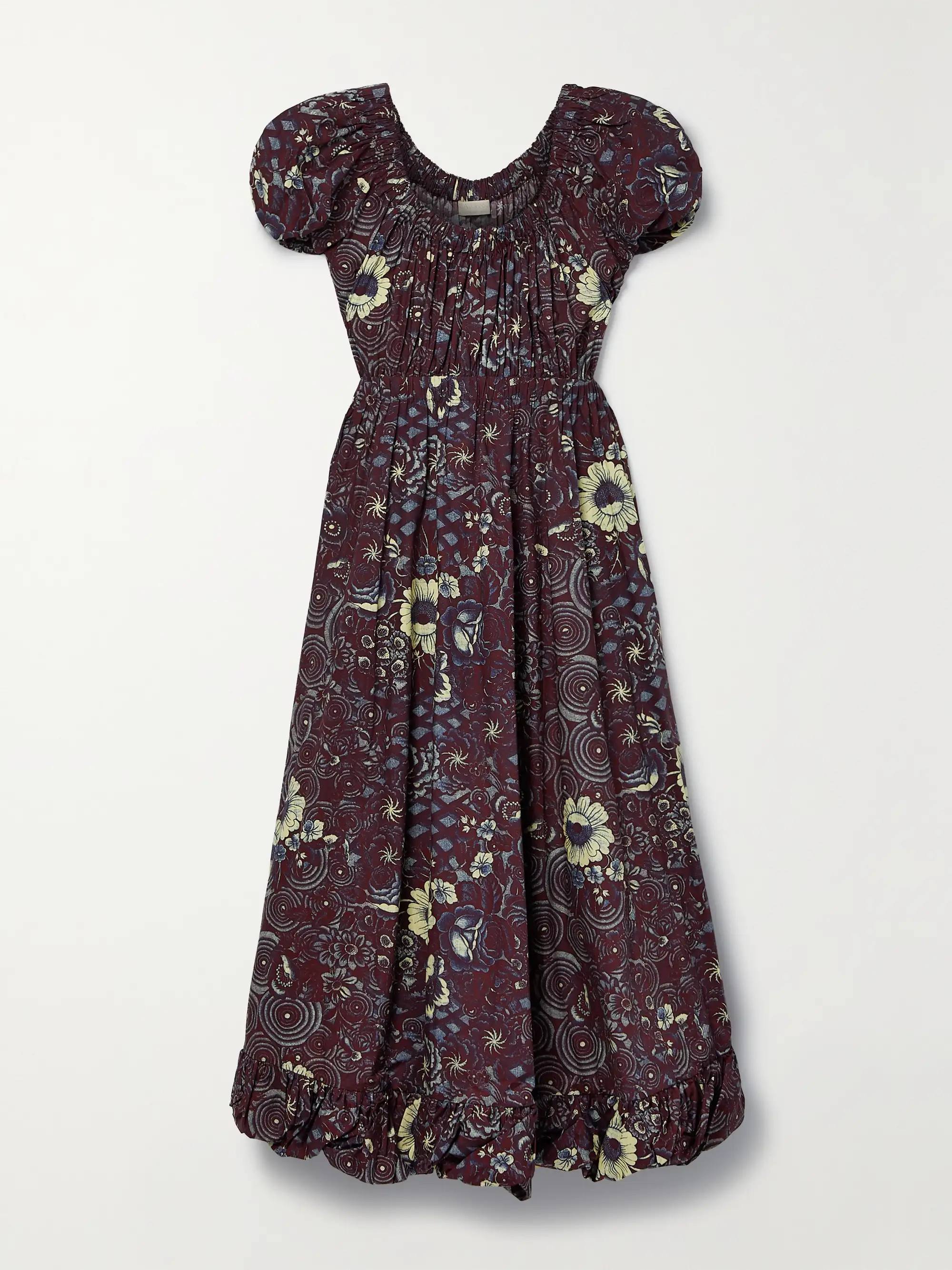 Claret Nanette gathered printed cotton-poplin midi dress | ULLA JOHNSON | NET-A-PORTER | NET-A-PORTER (US)