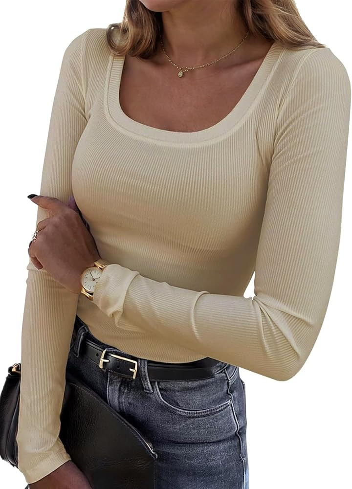 Bluetime Women's Scoop Neck Long Sleeve T-Shirts Ribbed Knit Casual Tops Tee Slim Fitted Basic Sh... | Amazon (US)