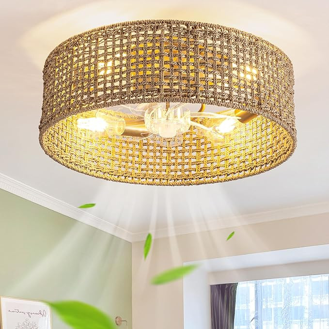 Boho Caged Ceiling Fan with Light, 20.28 Inch Rattan Ceiling Fans with Lights and Remote Control ... | Amazon (US)