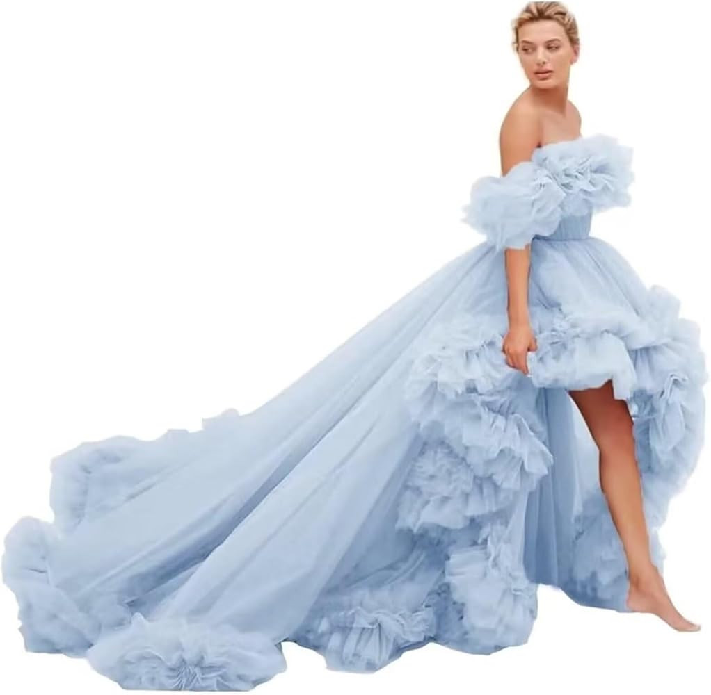 High Low Tulle Prom Dresses Long Ball Gown Off Shoulder Puffy Ruffles Maternity Robe Evening Part... | Amazon (US)