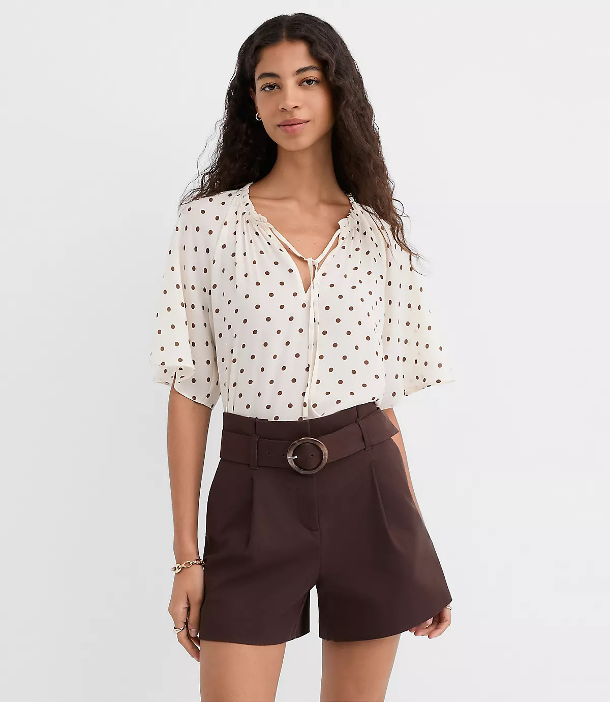 Dotted Ruffle Cuff Tie Neck Blouse | LOFT