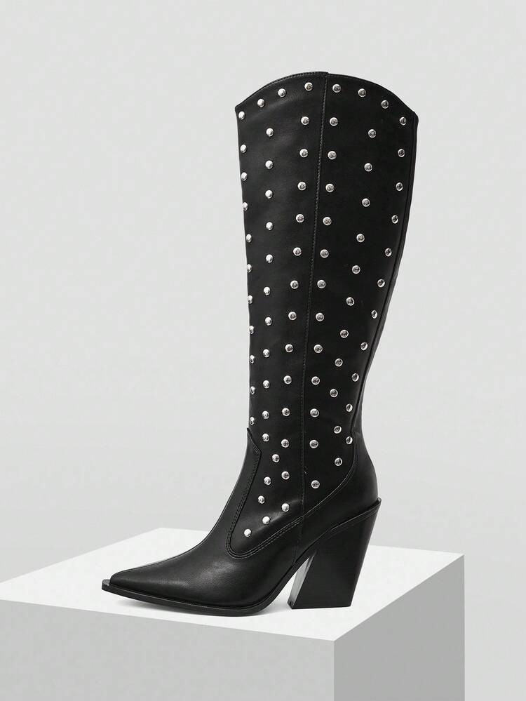 MOTF WOMEN'S CAMEL EMBROIDERED POINTED TOE CHUNKY HEEL RIDING BOOTS, FASHION MID-CALF BOOTS FOR AUTUMN/WINTER | SHEIN