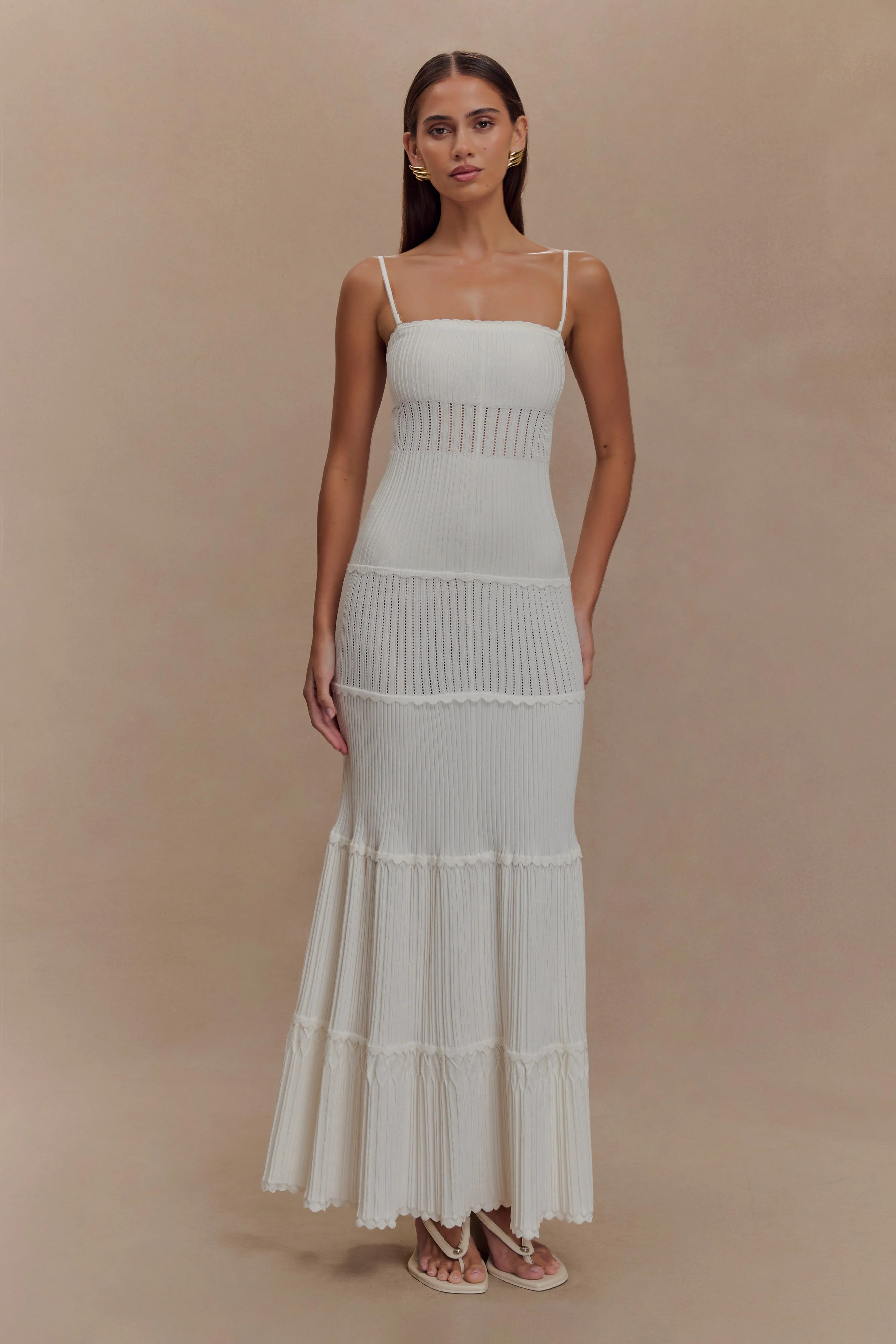 Pointelle Knit Maxi Dress - Ivory | MESHKI US