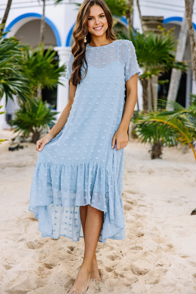 Hear The News Light Blue Swiss Dot Midi Dress | The Mint Julep Boutique
