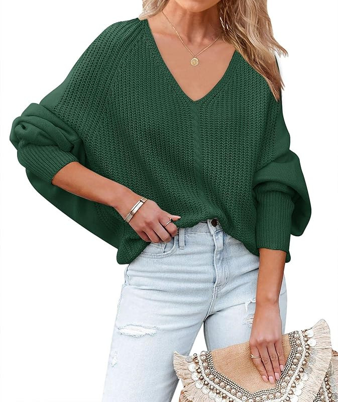 Mafulus Womens Oversized Sweater Off Shoulder Deep V Neck Batwing Sleeve Slouchy Cable Knit Jumper P | Amazon (US)