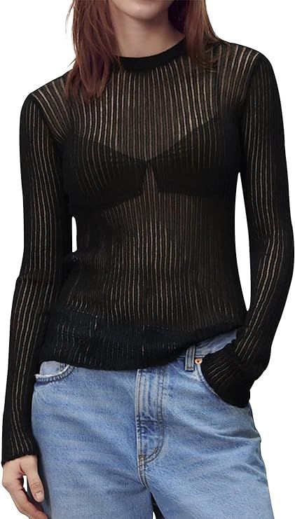 Women Sexy Y2K See Through Long Sleeve Crew Neck Sheer Mesh Knitted Sweater Top | Amazon (US)