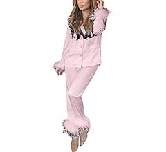 NUFIWI Women Pajamas Set Button Down Long Sleeve Sleepwear Feather Trim Nightwear Loungewear Pjs | Amazon (US)