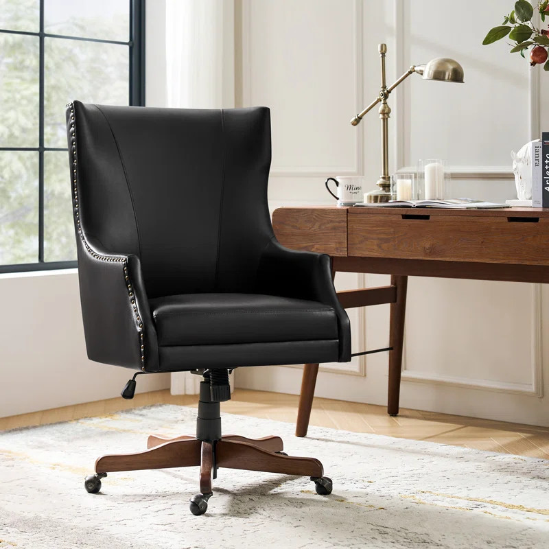 Eller Transitional Leather 46"Tall Office Executive Chair Tilting with Copper Nailheads and Wood ... | Wayfair North America