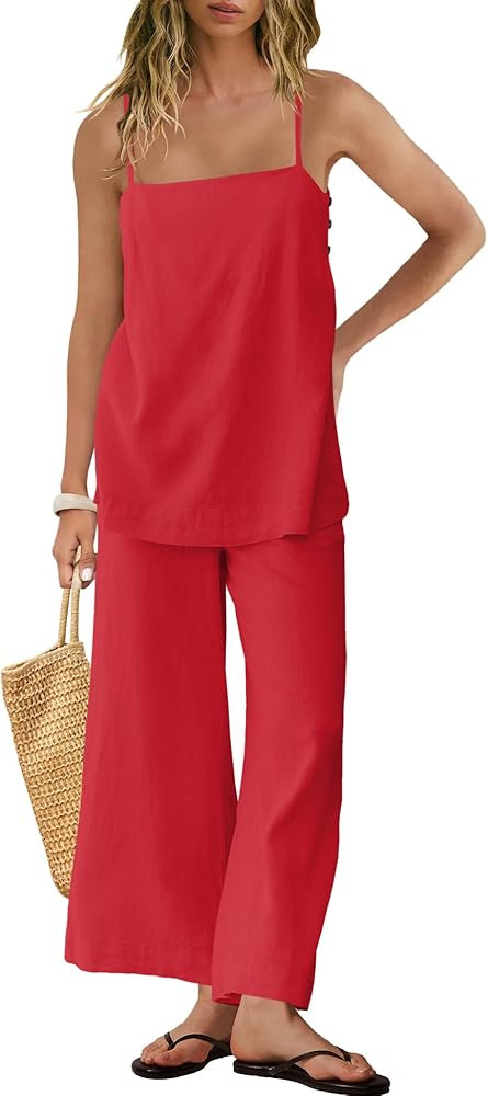 Panadila 2 Piece Linen Set Summer Travel Beach Vacation Outfit Sexy Spaghetti Strap Tank Top and ... | Amazon (US)