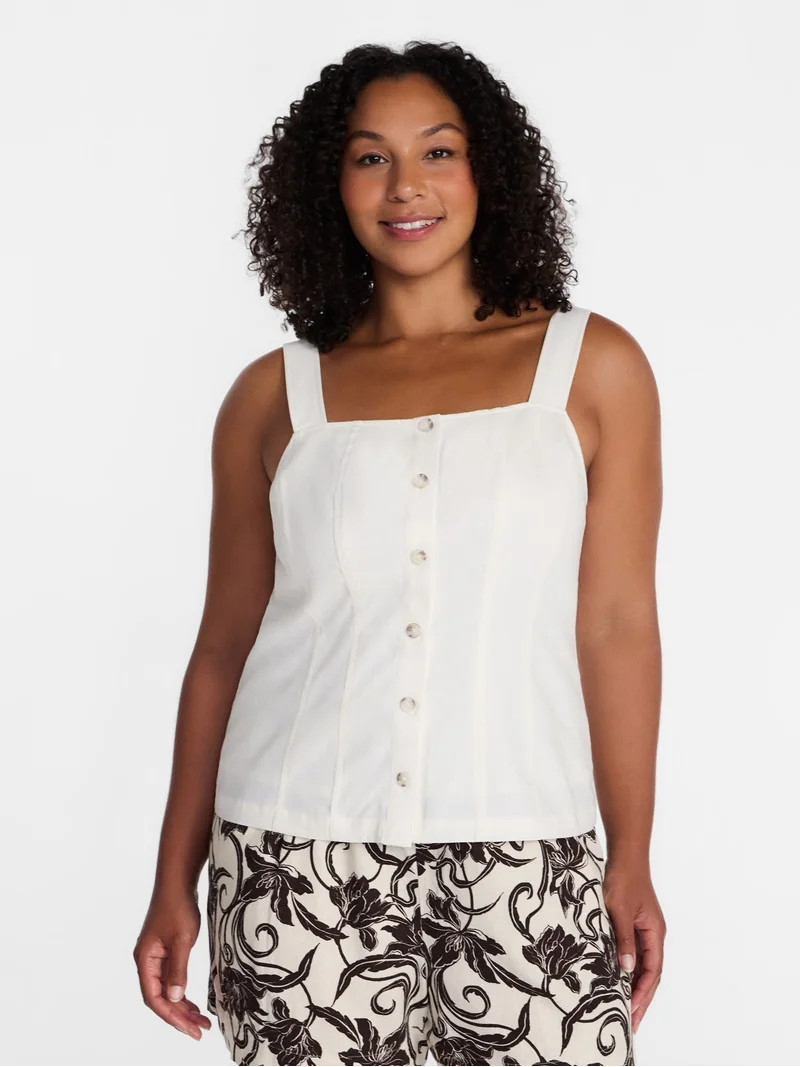 Time and Tru Women's Linen Blend Button Front Tank Top with Adjustable Straps, Sizes XS-XXXL | Walmart (US)