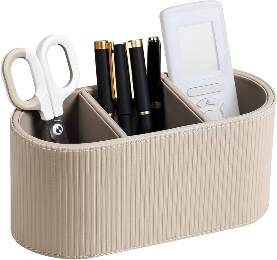 Aesthetic Remote Control Holder, PU Leather Pen Holder for Desk with 3 Compartments for Home Offi... | Amazon (US)