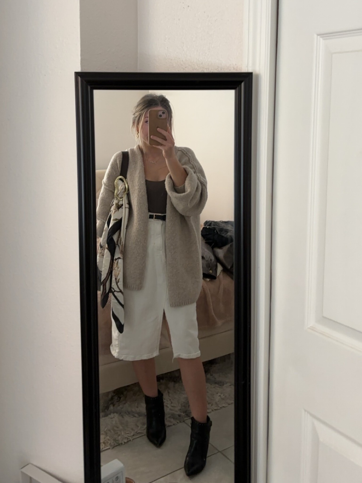 Neutral oversized cardigan and white denim skirt outfit🤍

#LTKootd